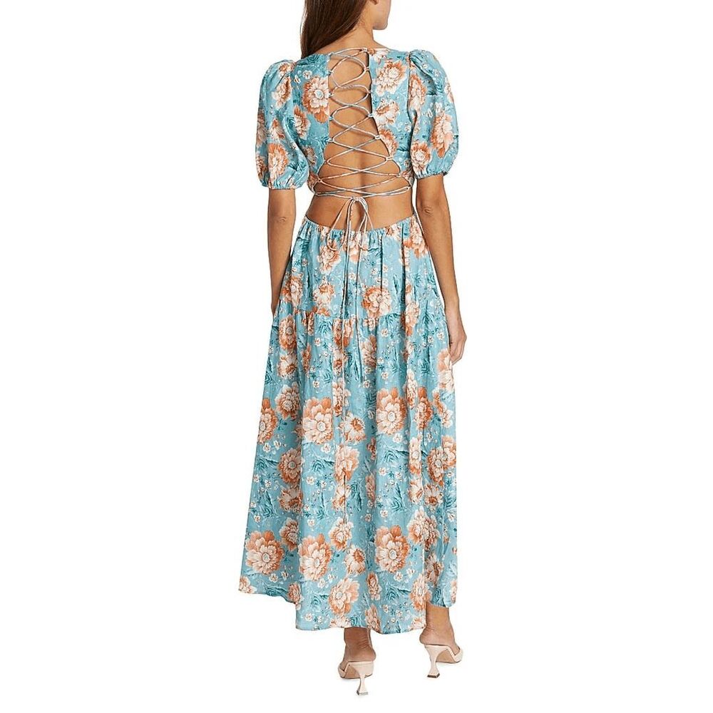 Kivari Josette Lace-Up Back Midi-Dress in Blue Floral Size US 4 $349 - Picture 4 of 14